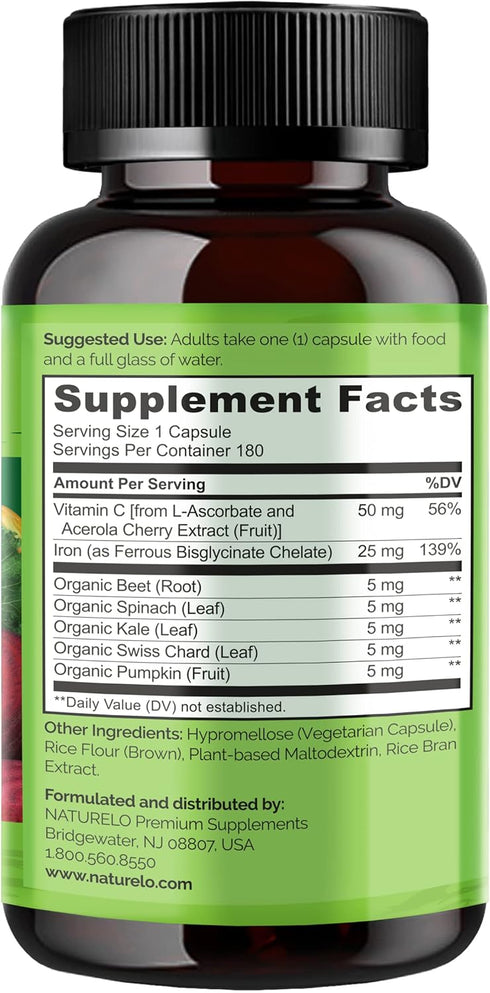 NATURELO Vegan Iron Supplement with Vitamin C and Organic Whole Foods - Gentle Iron Pills for Women & Men, 180 Mini