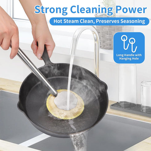 TOFAIRONM Kitchen Scrub Brush with Handle, Non-Scratch Extra Strong Cleaning Brush for Wok, Cast Iron, Pans, Oven