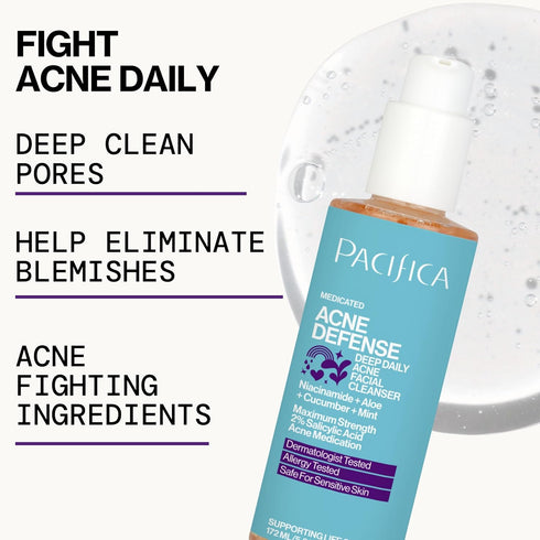 Pacifica Acne Defense Face Wash - Deep Pore Purifying Cleanser with 2% Salicylic Acid, Niacinamide & Cucumber for