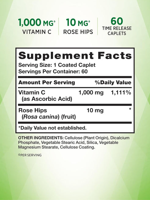 Vitamin C 1000mg | 60 Caplets | with Wild Rose Hips | Vegetarian, Non-GMO & Gluten Free Supplement | by Nature's Truth