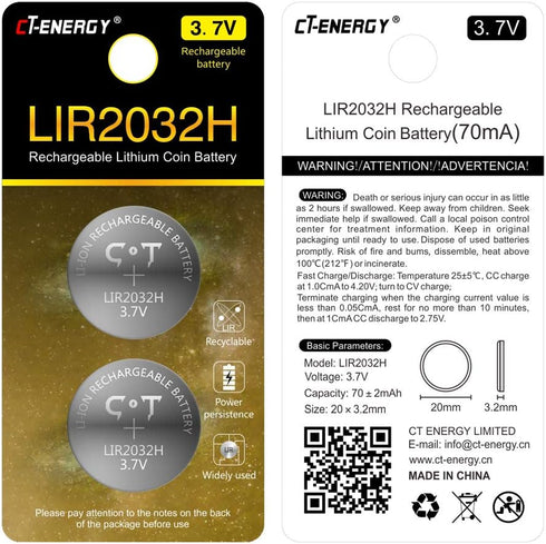 2 Pack 3.7V Lir2032H Rechargeable Coin Batteries for Key Fob, High Capacity 70mAh Lithium 2032 Button Cells