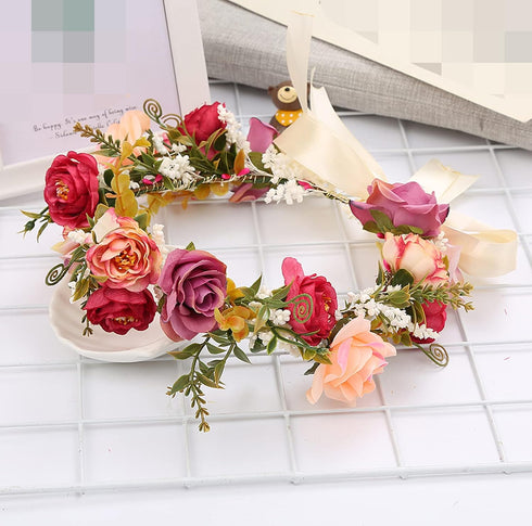 Rose Flower Crown, Bridal Floral Headband, Hair Wreath, Boho Halo for Wedding Party Festival
