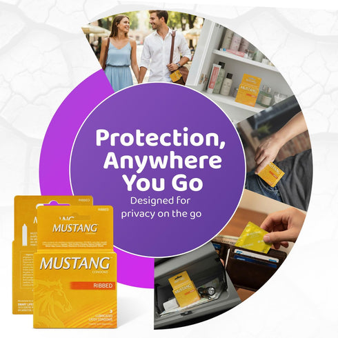 Mustang Condoms 3 Count Pack Mustang Ribbed Latex Condoms, Premium Natural Latex, Textured for Extra Stimulation