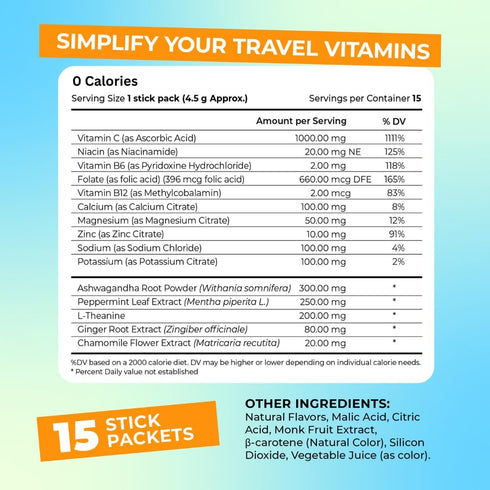 Travel Vitamin Tonic for Flight - Jet Lag, Hydration, Circulation, Immune Support, Passion Fruit Tangerine, 15 Sticks