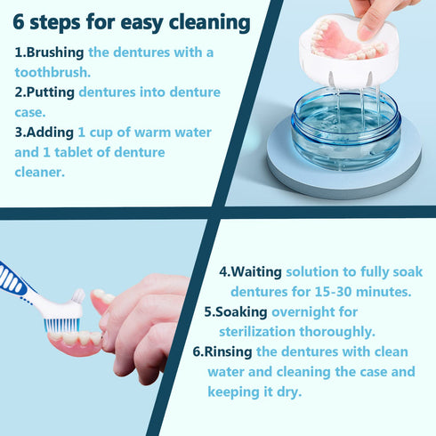 Denture Case with Brush & Portable Toothbrush Box, 100% No-Leak Retainer Box Set for Traveling, Blue