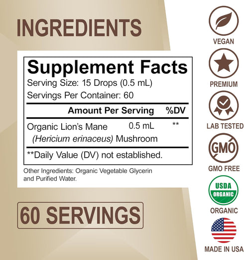 Organic Lion's Mane Mushroom Supplement Drops - 1oz Liquid Tincture for Focus, Brain Health, Vegan Nootropic