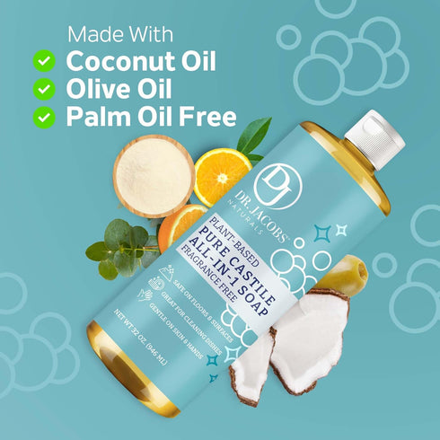 Dr. Jacobs Naturals Fragrance Free Castile Cleaner: All-In-One Soap, Effective Plant-Based Formula for House Cleaning