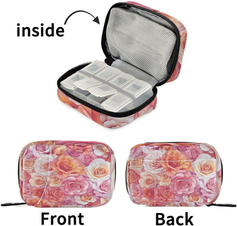 Ollabaky 7 Pill Organizer Rose Floral Travel Pill Cases Bag Portable Pill Container Days Pill Box Organizer Vitamin