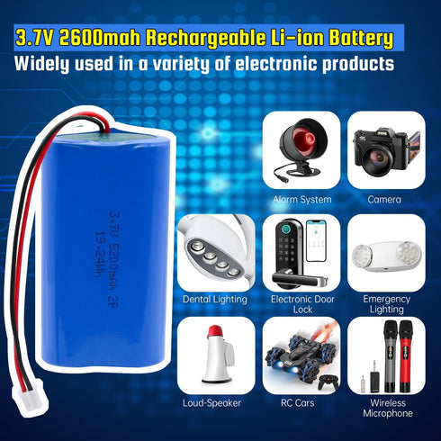 3.7V 5200mAh Rechargeable Batteries - Lithium Ion Battery with PH2.0/2P Connector for DIY Electronics, Toys, Lighting,