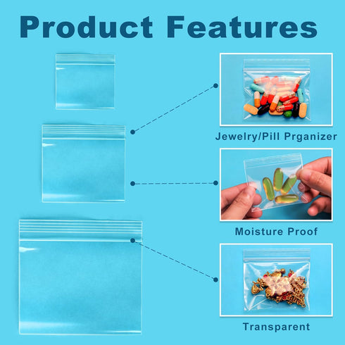 300 Packs Small Pill Bags, 6 mil Sturdy Plastic Bags in 3 Assorted Sizes for Travel Storage, Jewelry, Small Crafts