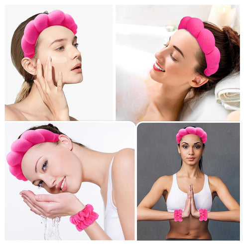 Spa Headband & Wristband Set for Washing Face - Soft Terry Cloth Bubble Hairband for Women, Hot Pink