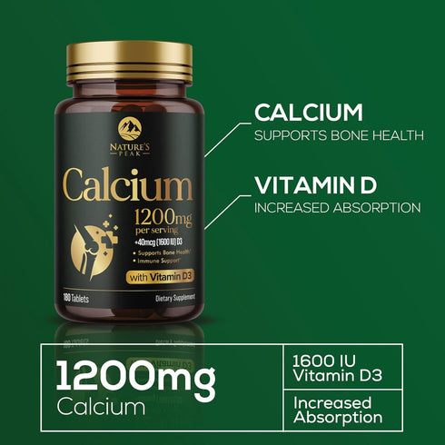 Calcium 1200 mg with Vitamin D3, Calcium Supplement for Bone Strength, 180 Tablets, Supports Immune System