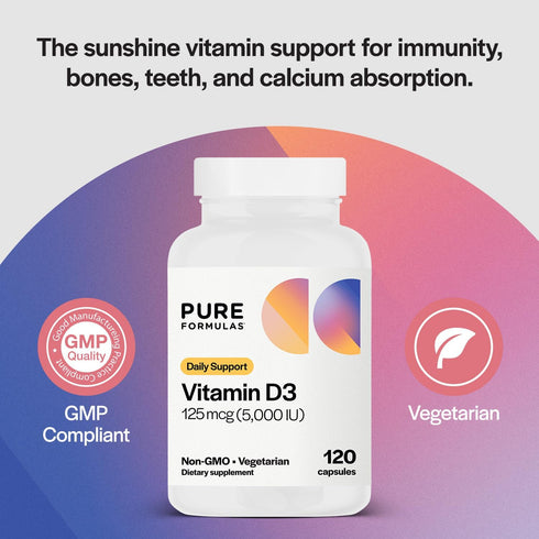 PureFormulas Vitamin D3 5,000 IU 125 mcg - Non-GMO Vegetarian Capsules for Bone, Teeth, Cardiovascular & Immune Support