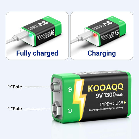 KOOAQQ 6-Pack 9v 2 1 1300mAh 9 Rechargeable Batteries, USB-C Recharge with in Charging Cable, Volt Lithium Quare