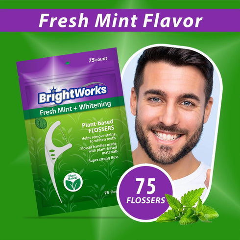225 Piece BrightWorks Fresh Mint + Whitening Dental Flossers, 75 Count (Pack of 3) with Plant-Based Handles