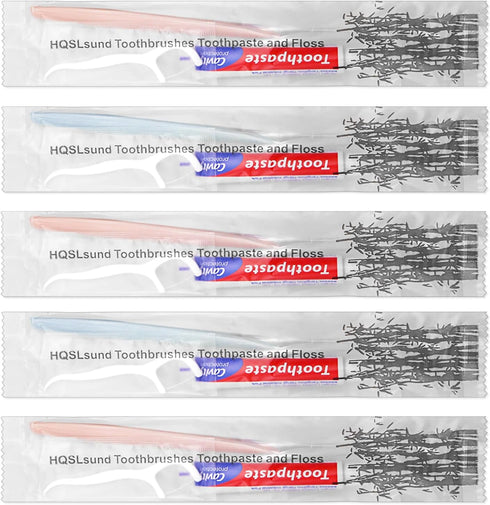 50pcs Disposable Toothbrushes with Toothpaste and Floss, Individually Wrapped Bulk Kit for Hotels and Guests