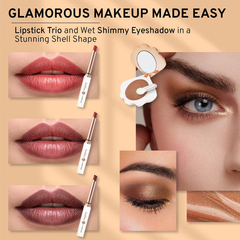 Shell Makeup Set - All in One Makeup Kit for Women with Compact BB Cream Powder, Eyeshadow Palette, Mascara, 3