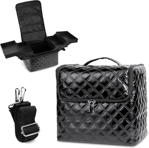 Travel Makeup Bag, Large Cosmetic Organizer with 4 Trays & Adjustable Dividers, Waterproof Makeup Train Case for Women,