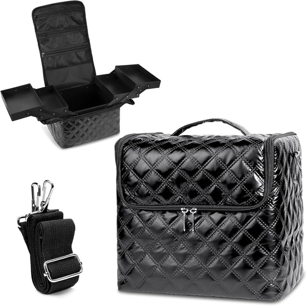 Travel Makeup Bag, Large Cosmetic Organizer with 4 Trays & Adjustable Dividers, Waterproof Makeup Train Case for Women,