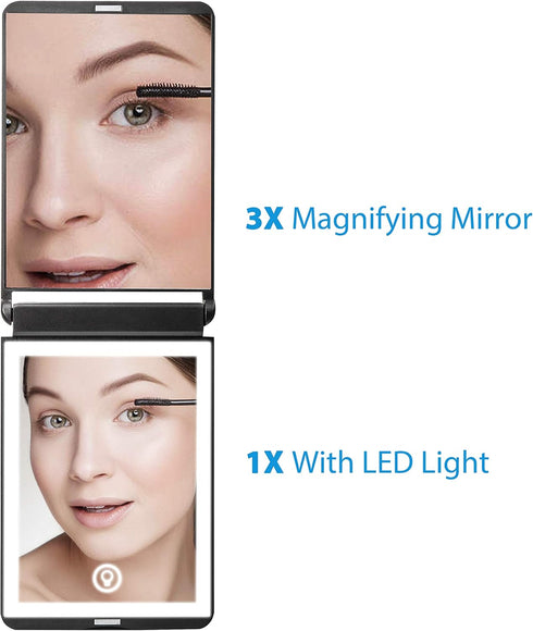 WOBSION Lighted Compact Mirror Rechargeable Travel Makeup Mirror with Light and 1x/3x Magnifying (Black)