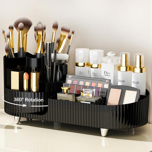 Large Spinning Makeup Organizer for Vanity, Rotating Cosmetic Storage with Brush Holder, Countertop Makeup Display