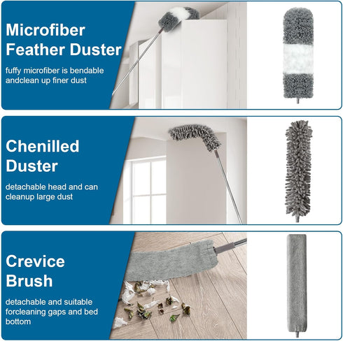 Microfiber Duster, 4PCS with Extension Pole (Stainless Steel) 30 to 100 Inches, Reusable Washable for Cleaning High