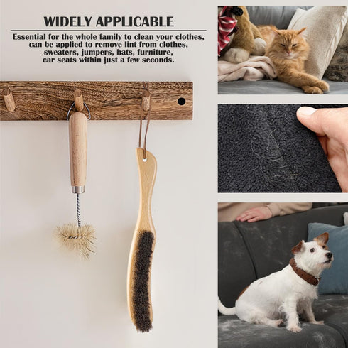 Horsehair Garment Brush with Long Wooden Handle, Soft Clothes Brush for Hair Removal, Lint Brush for Pet