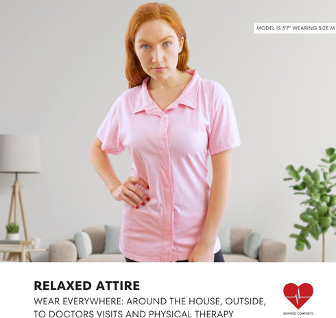 Post Op Easy Open Mastectomy Recovery Top with Pockets & Fasteners for Drains, Pink