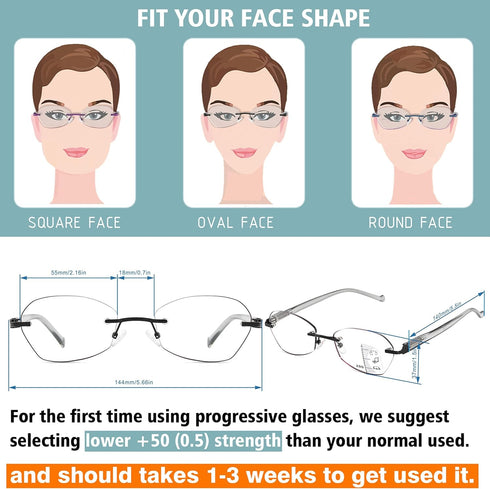 Rimless Multifocus Reading Glasses Women Progressive Multifocal No Line Bifocal Reader Blue Light Computer Eyeglasses