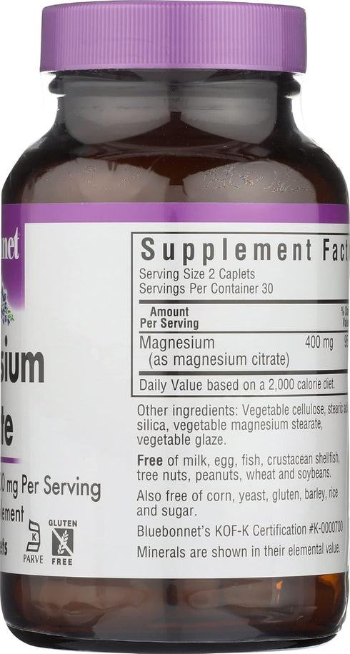 Bluebonnet Nutrition Magnesium Citrate 400mg, 60 Caplets, Maximum Absorption, Vegan, Gluten-Free