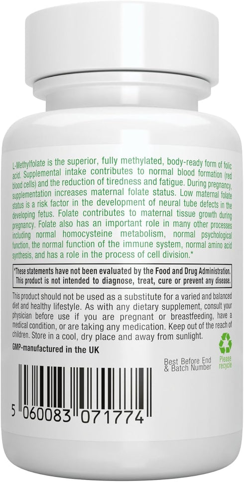 Pure Folate 400mcg: Optimized Methylfolate, Clean Label, 180 Small Tablets, Vegan & Hypoallergenic Supplement for Health