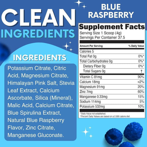 Zero Sugar Blue Raspberry Electrolytes Powder, Refreshing Hydration, 37 Servings, Vegan & Keto Friendly