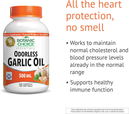 Immune 180 Botanic Choice Odorless Garlic Oil Softgels - Antioxidant Cholesterol and Support Supplement for Adults