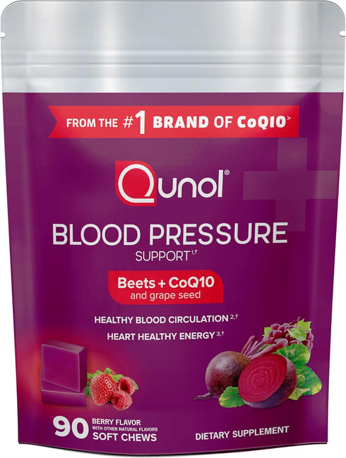 Qunol Beets Chews for Blood Pressure Support, 3 in 1 Beets + CoQ10 + Grape Seed Extract, 90 Chews