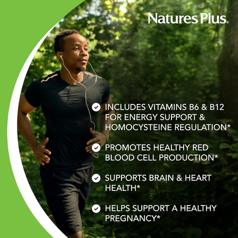 Natures Plus Folic Acid Hearts (Methylfolate) 400 mcg, 90 Vegetarian Tablets, with Vitamin B6 & B12, Gluten-Free