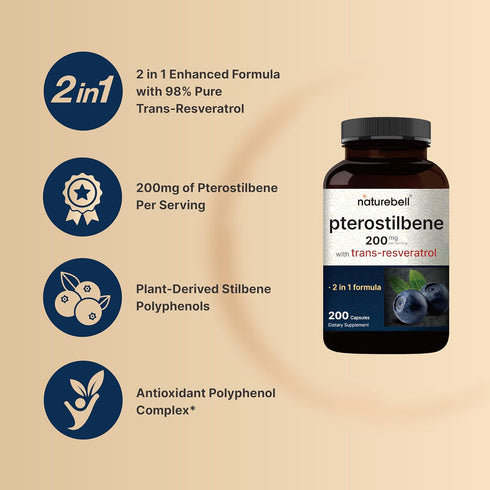 Pterostilbene 200 200 2-in-1 NatureBell mg Per Serving with Trans-Resveratrol Capsules Antioxidant Polyphenol Formula*