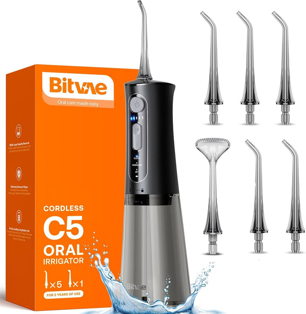 Bitvae C5 Cordless Water Dental Flosser - 3 Modes, 5 Intensities, IPX7 Waterproof, 5 Tips for Teeth Cleaning - Black