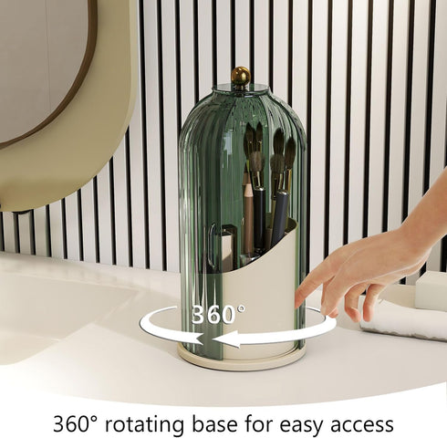 Makeup Brush Holder with Dustproof Cover, 360 Rotating Organizer for Vanity Bathroom (Green)