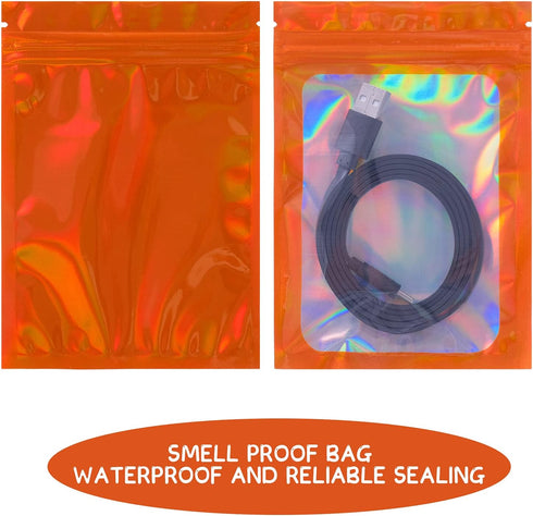 100 Pieces Smell Proof Mylar Bags, Resealable Holographic Packaging Pouch with Clear Window for Food Storage