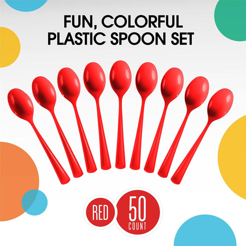 Disposable Red Plastic Spoons, 50 Pcs - Heavy Duty Red Plastic Cutlery