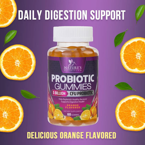 Probiotic Gummies for Digestive Health, Daily Probiotics for Women & Men, 60 Gummies, Orange Flavor