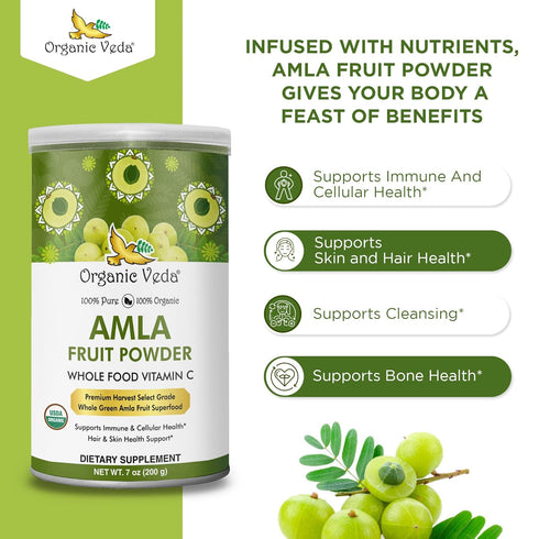 Organic Veda Amla Powder - 7oz - 100% Pure Amla Fruit Powder for Immune, Digestive & Skin Health