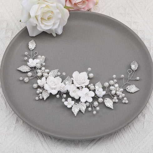 Unicra Flower Bride Wedding Hair Vine Pearl Bridal Hair Piece Leaf Hair Accessories Rhinestone Headband for Women and Girls (9inches) (Silver)