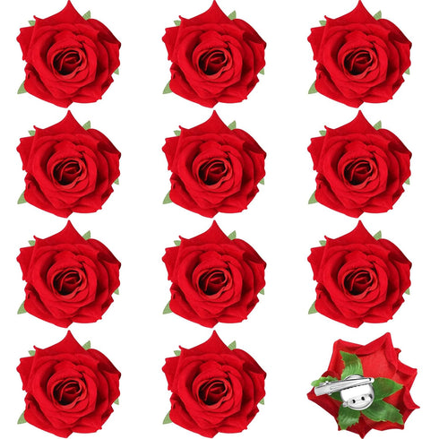 Yilloog 12 Pack Rose Hair Clip, 2.8'' Floral Brooch Hairpins for Women, Wedding Party Supplies (Red)