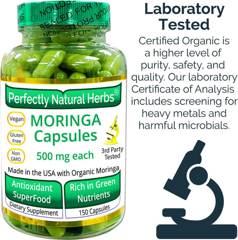 150 Moringa Capsules Made with USDA Certified Organic Moringa Leaf Powder, 500mg per Capsule
