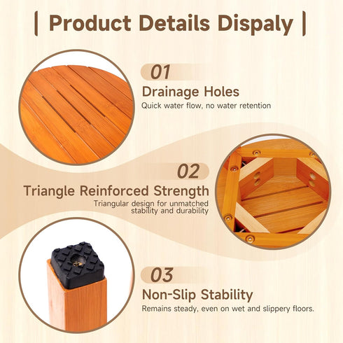 16 Inch Round Bamboo Waterproof Shower Bathroom Stool Chair, Duty Wooden Bath Corner Shaving Legs Bench Seat (Honey