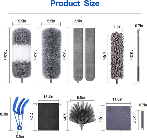 Microfiber Duster Kit (11PCS) with Washable Dusters and Extension Pole (30 to 100 in)