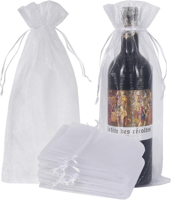 HRX Package 30pcs White Organza Wine Bags - Sheer Mesh Gift Pouches with Drawstring for Christmas