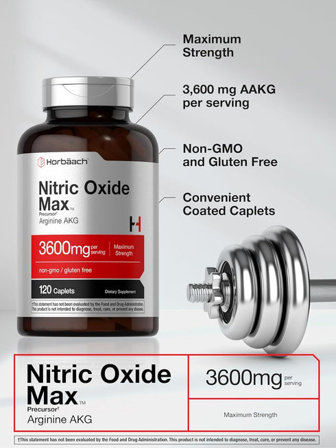 Horbaach Nitric Oxide Max 3600mg | 120 Caplets | Vegetarian, Non-GMO, Gluten Free Pre Workout Supplement with Arginine