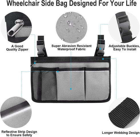 Wheelchair Side Bag with Cup Holder, Waterproof Armrest Storage Pouch for Most Wheelchairs, Walkers, Rollators (Gray)